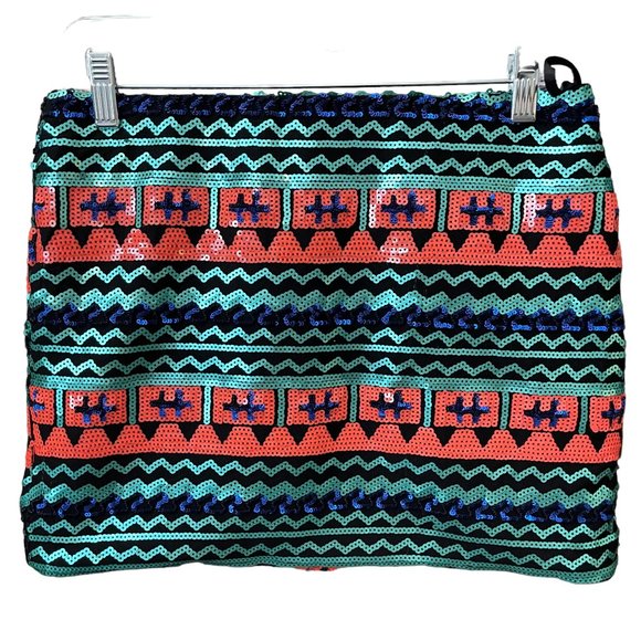 Honey Punch Black Mini Skirt with Orange, Blue and Aqua Sequins Size Large EUC - Picture 1 of 5